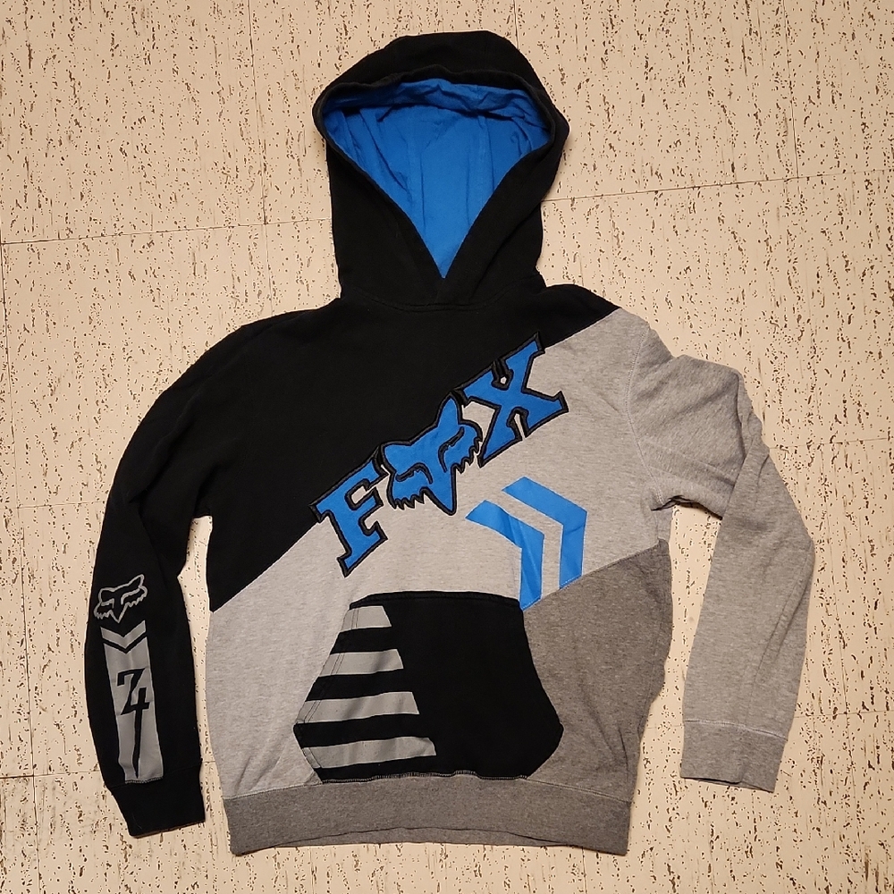 Fox Embroidered Big Logo Pullover Hoodie Sweater Vintage Y2K Black, Gray & Blue